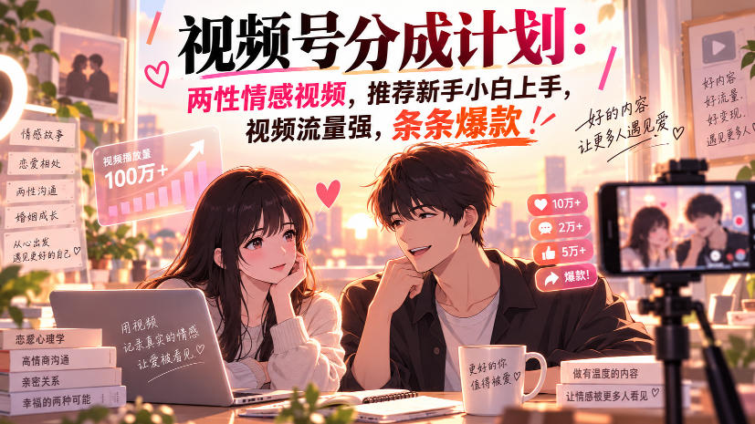 视频号分成计划：两性情感视频，推荐新手小白上手，视频流量强，条条爆款