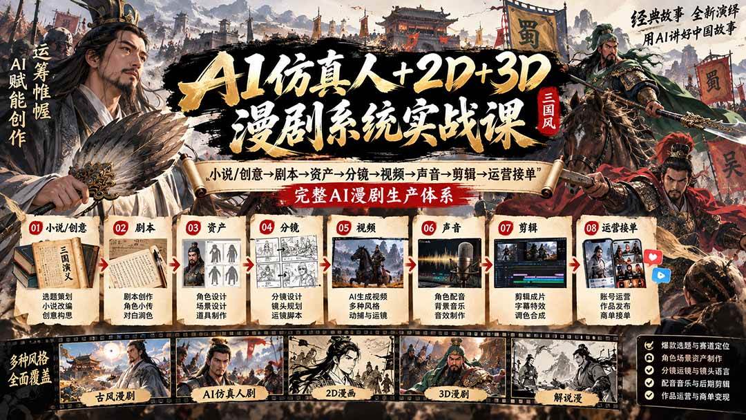 （20685期）AI仿真人+2D+3D漫剧系统实战课：小说/创意→剧本→资产→分镜→视频→声音→剪辑→运营接单，完整AI漫剧生产体系