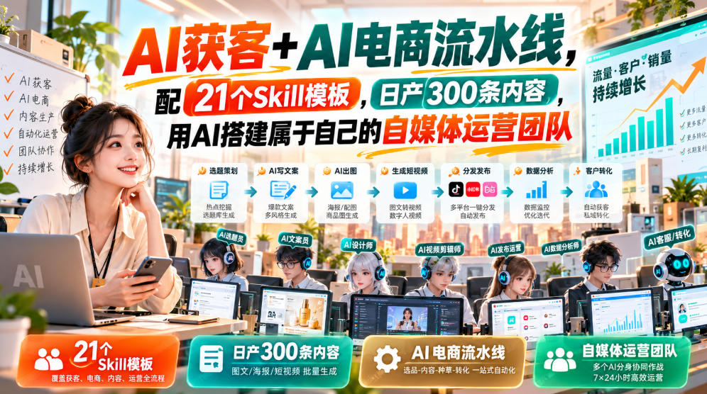 【无水印】AI获客+AI电商流水线，配21个Skill模板，日产300条内容，用AI搭建属于自己的自媒体运营团队（更新0928）